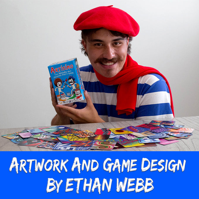 Man holding game box and showing art from group game artisimo